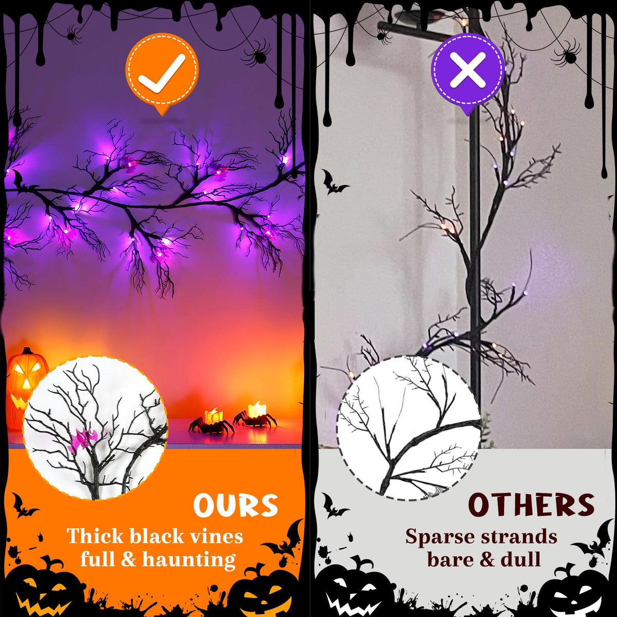 Joyhalo Halloween Garland with Lights Decorations with Bat Lights,Battery Operated 6FT 48 LED Halloween Willow Vine Twig Garland for Mantle,Wall,Fireplace and Halloween Decorations