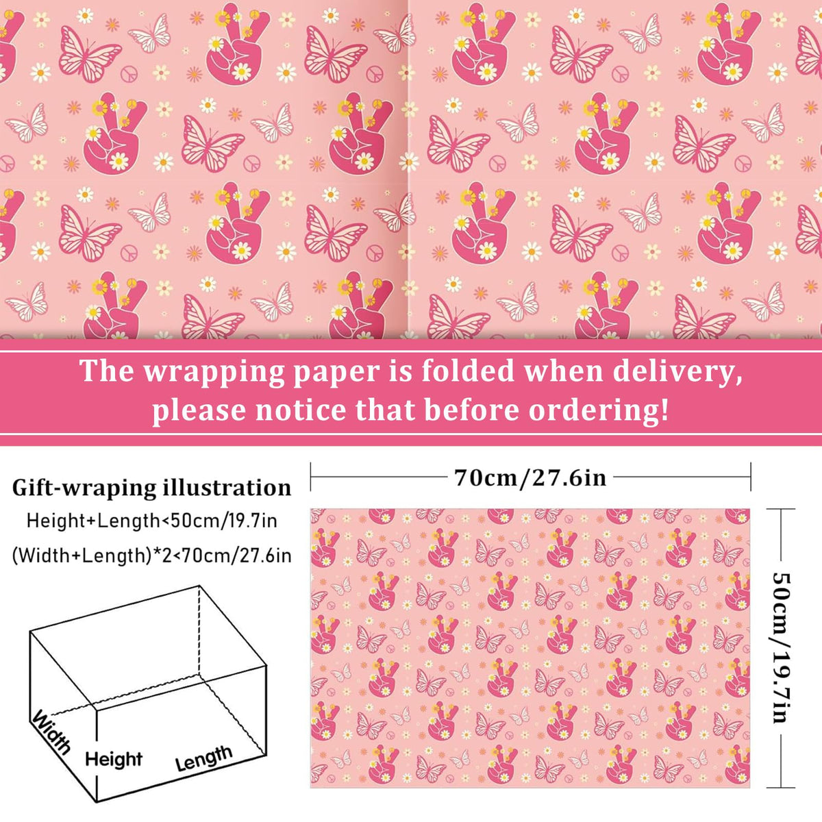 Whaline 12 Sheet Groovy Hippie Wrapping Paper 4 Style Boho Rainbow Daisy Pattern Packaging Paper Retro Groovy DIY Art Craft Sheets for Birthday Baby Shower Party, 19.7 x 27.6 Inch, Folded Flat