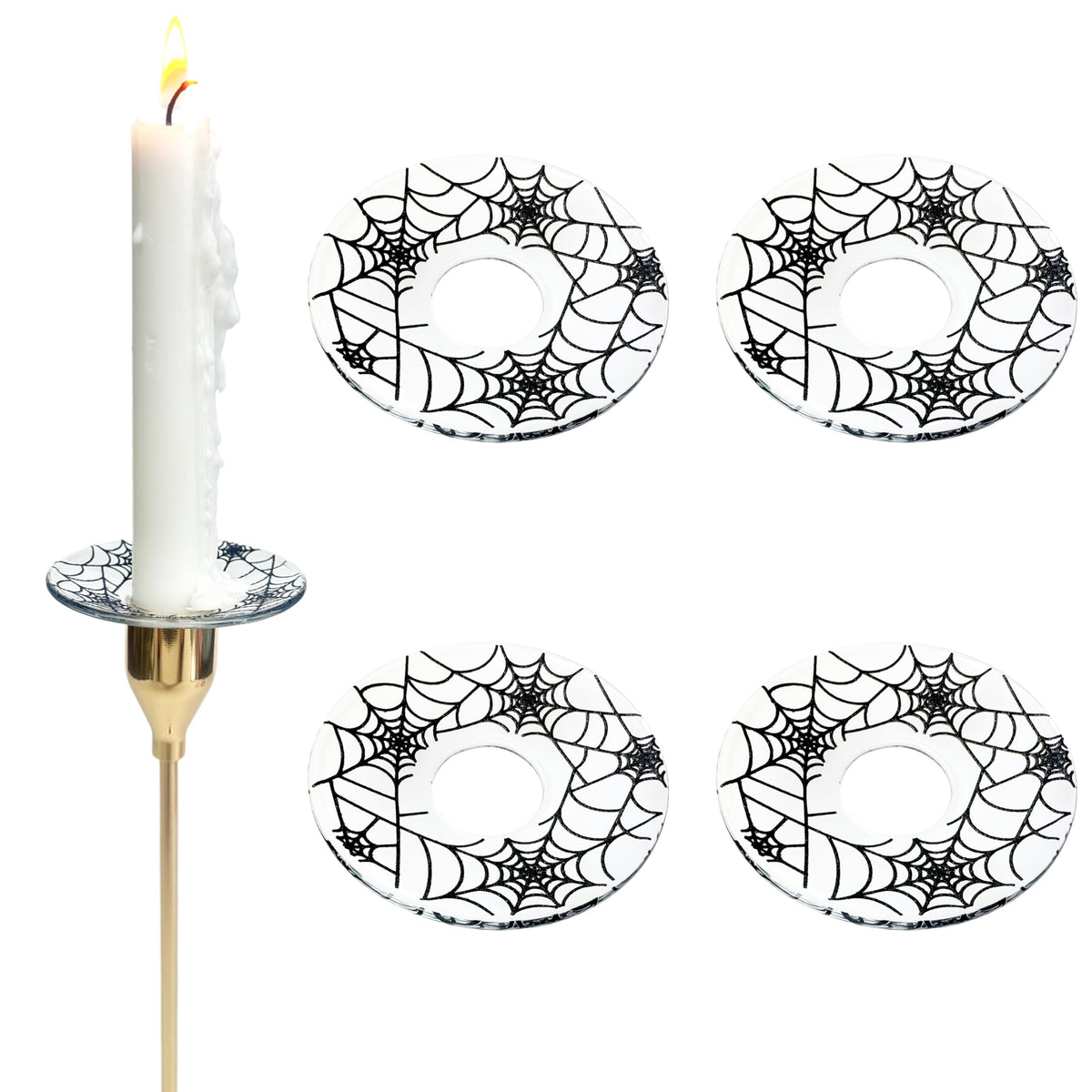 VGEUNA 4 Pieces Patterned Glass Bobeches for Candlestick Holder, Halloween Spider Web Design, Candle Drip Protector Guard, Wax Catcher Ring Accessories (Spider Web)