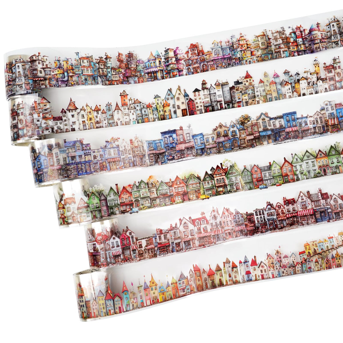 AuriicLeaf Weird House PET Tape Set with Clip, 6 Rolls of Vintage Town Stickers for Scrapbooking, Journaling, DIY Crafts, and Planners