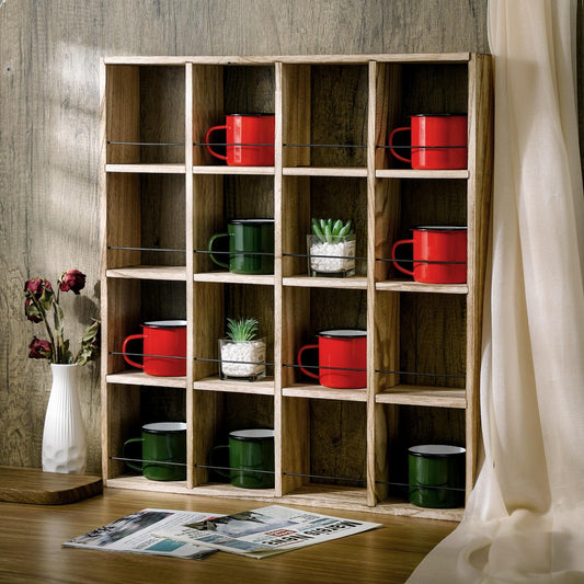Kigley Oversize Coffee Mug Display Rack 16 Slot Wooden Wall Mounted Curio Shadow Box Shelf Cup Floating Shelves Display Organizer Rustic Vintage Home Decor, 4 x 4(Brown)