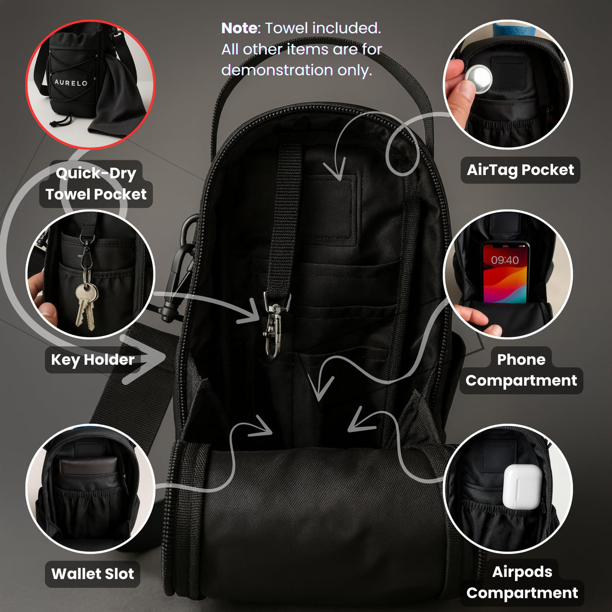 Magnetic Gym Bag for Men & Women – Small Gym Bag with Rack Attachment, Water Bottle Holder (Up to 40oz), Compact Workout Bag Keeps Gear Off Floor, Quick-Dry Towel Included