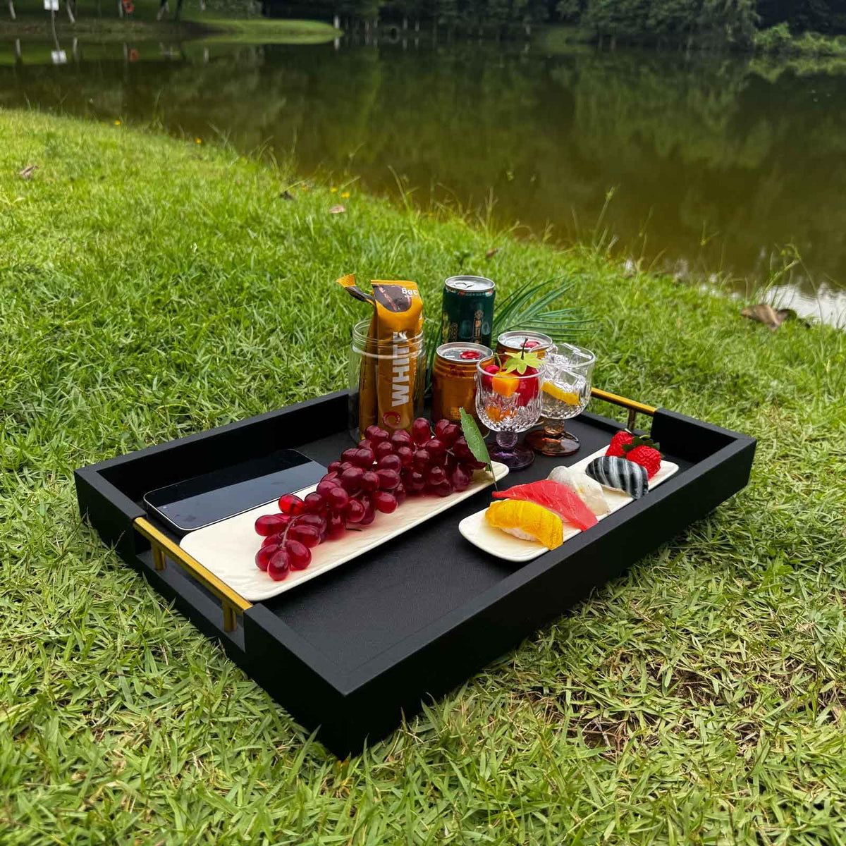 14x20 Inches Black Faux Leather Wrappen Wood Serving Tray with Metal Handles for Various Occasions, Ottoman, Home Decor Decorative, Living Room, Coffee Table Organizer, Serving Breakfast On Bed