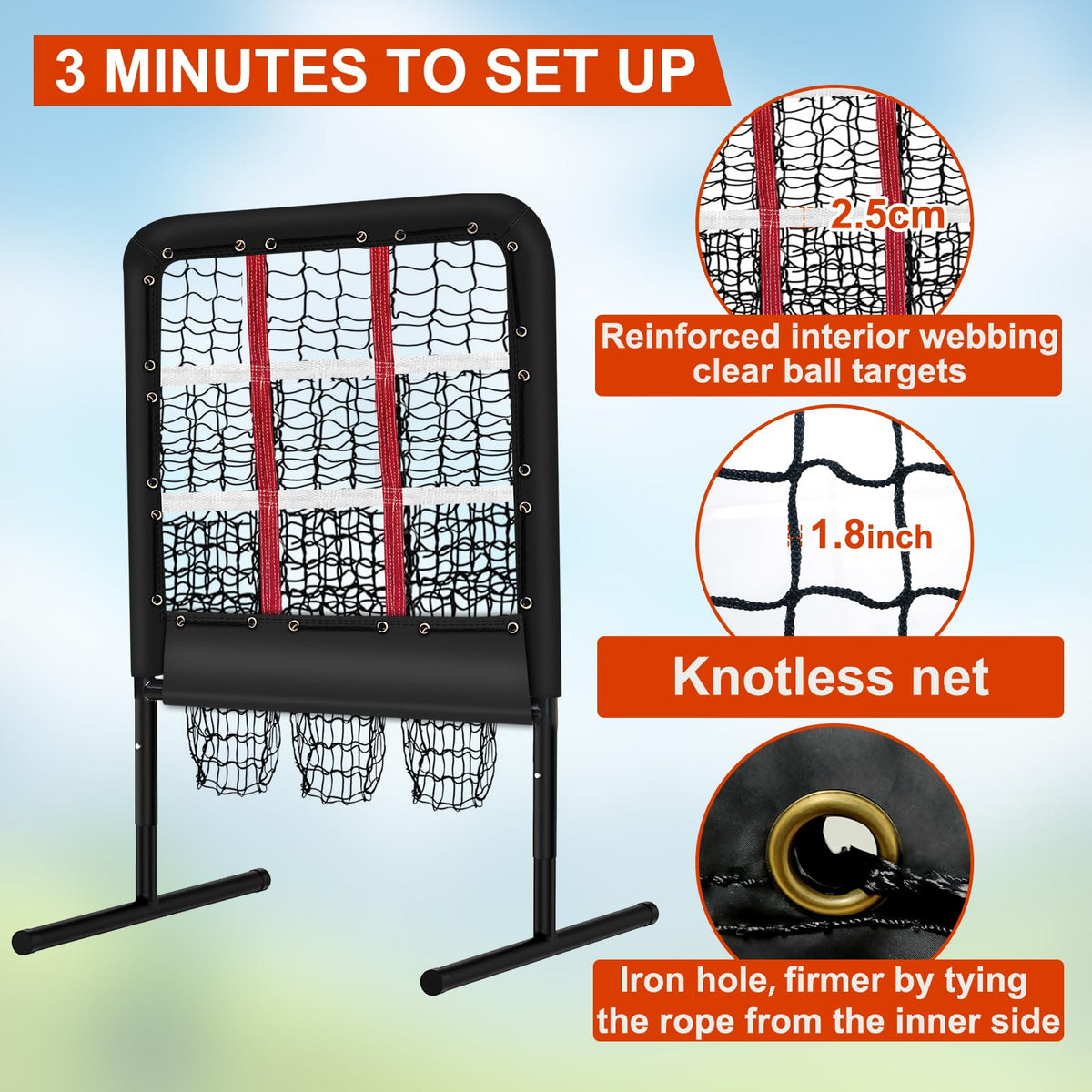 9 Hole Pitching Net with Strike Zone and Handbag, Fixed by 4 Ground Stakes & 2 Sandbags. Adjustable Heights (39-46in) for Pitching Target Net, Softball Training