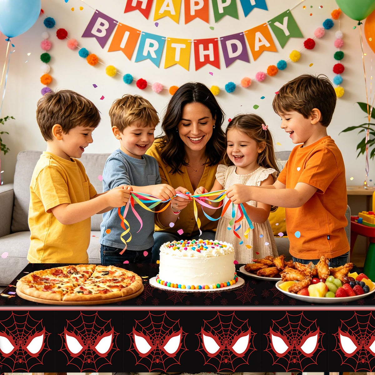 WPDISCZ 4Pcs Spider Birthday Decorations Tablecloths, 54" x 108" Spider Table Cloth Disposable Rectangle Plastic Table Cover for Birthday Party Supplies