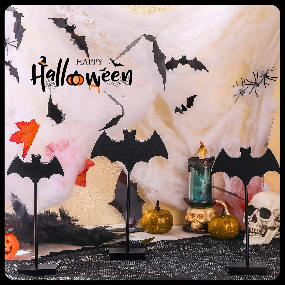 Shellwei 3 Pieces Halloween Wood Table Decor Bat Wooden Table Topper Sign Fall Tall Standing Wooden Centerpiece for Halloween Party Favor Home Room Decor(Black)