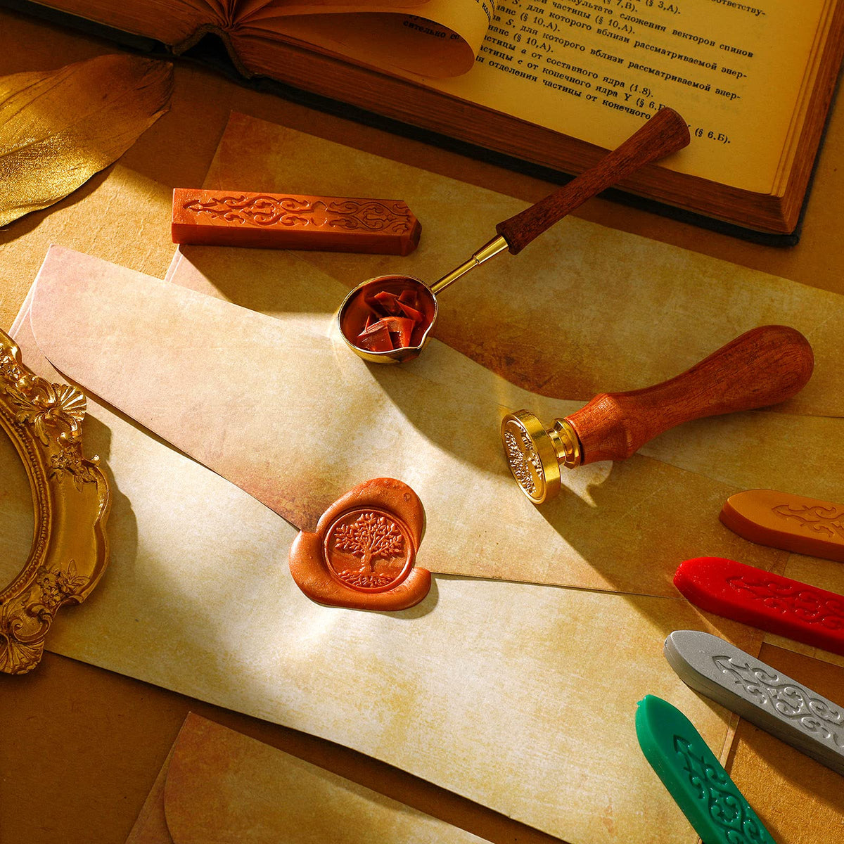 33 Pieces Vintage Paper and Envelopes Set, Including 12 Writing Stationery Paper Letter 12 Envelopes Sealing 6 Wax Sticks Seal Stamp Tea Candles and Wax Spoon for Stamp