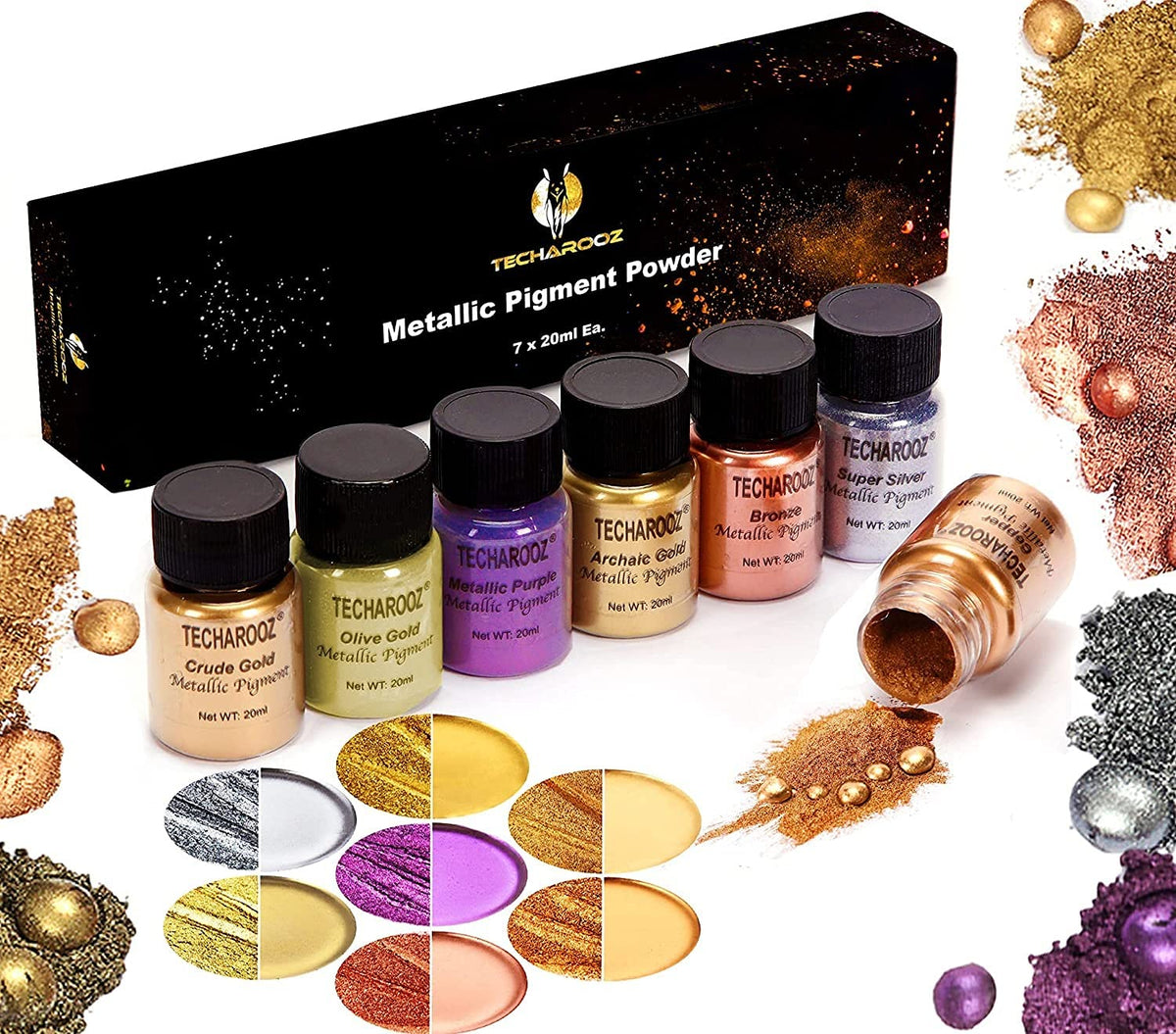 TECHAROOZ Metallic Pigment Powder, 7x20ml Fine Metal Dye for Epoxy Resin, UV Resin, Countertops, Soap Making, Candles DIY Acrylic Paints & Other Craft