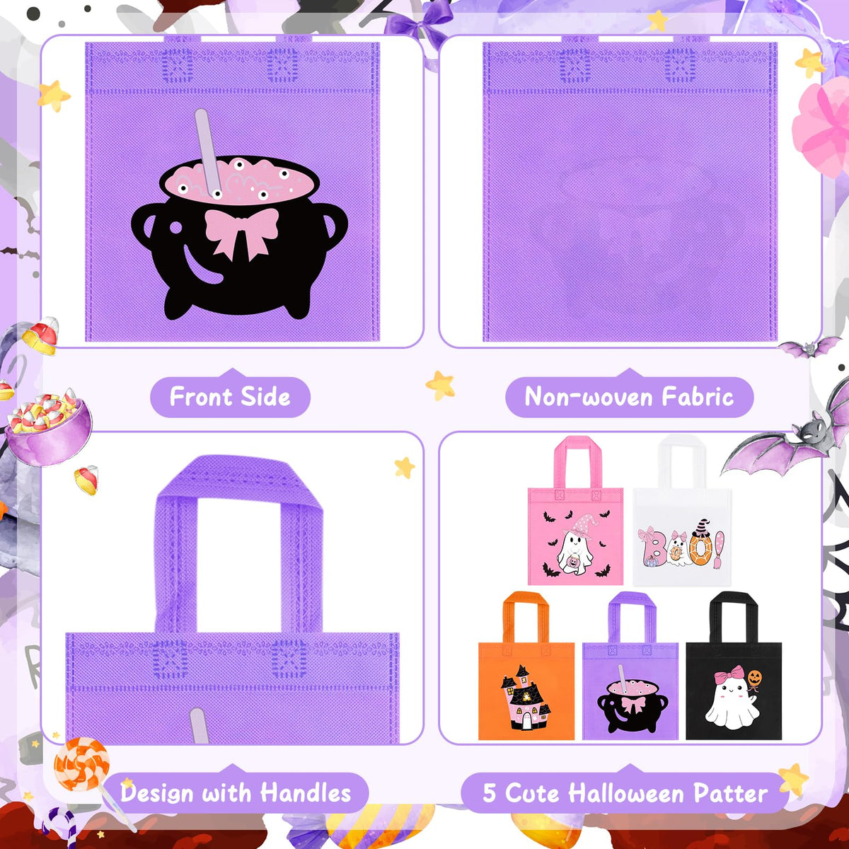 RSCPTOY 20pcs Pink Purple Girl Halloween Treats Bags - Cute Ghost Witch Cauldron NonWoven Candy Bag Gift Tote for Little Boo Baby Shower Party Supplies Summerween Party Decorations