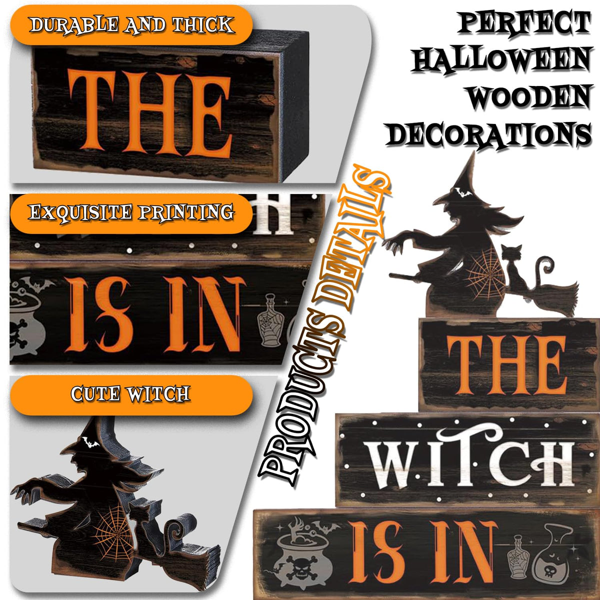Halloween Decor Indoor - Rustic Wooden Witch Signs Home Decorations for Farmhouse Kitchen, Shelf, Living Room, Tabletop Decorations, Suitable for Fall Party Table Centerpiece