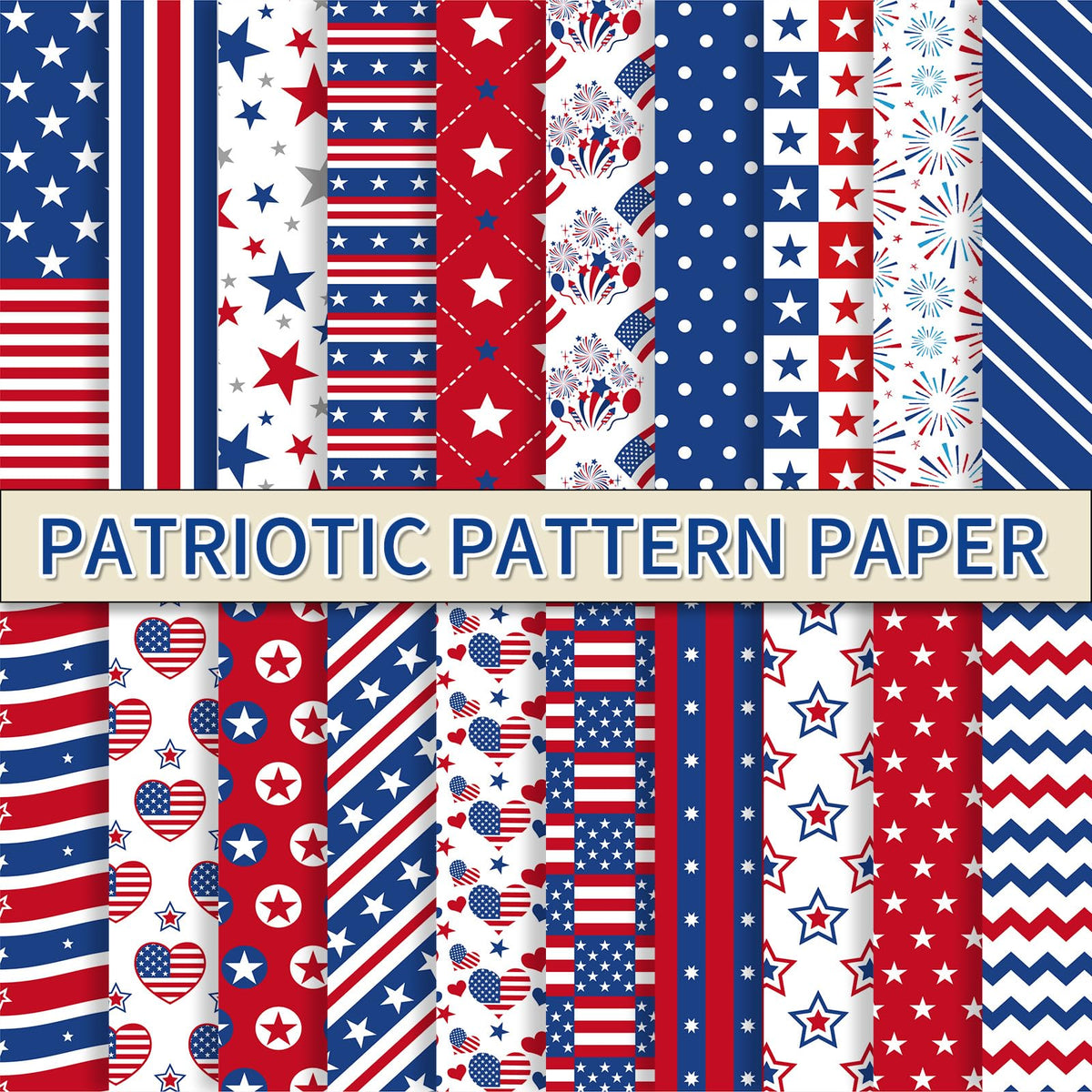 Whaline 40 Sheets Patriotic Pattern Paper Star Fireworks Stripe Scrapbook Specialty Paper 4th of July Double Sided Craft Papers For Independence Day DIY Card Making Photo Album Decor, 5.9 x 5.9 Inch