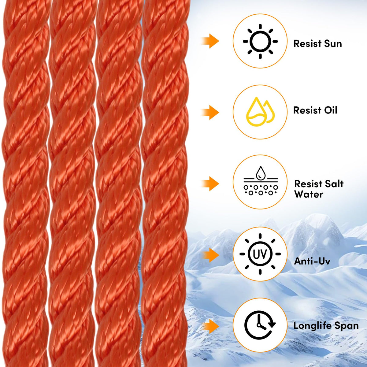 Anchor Rope 50 ft X 1/2 inch, 3-Strand Twisted Nylon Anchor Line, Boat Rope with Stainless Steel Thimble and Shackle for Boating, Anchoring, Mooring,Pulling (Orange)