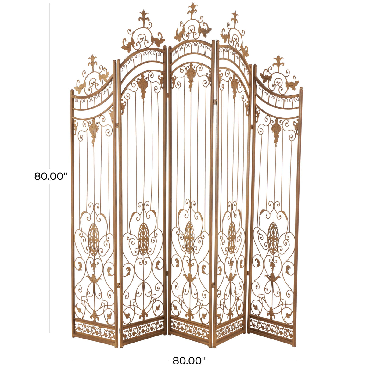 Deco 79 Metal Partition Room Divider Screen Hinged Foldable Arched Partition 5 Panel Privacy Screen with Relief Acanthus Design, Room Partition 80" x 1" x 80", Bronze