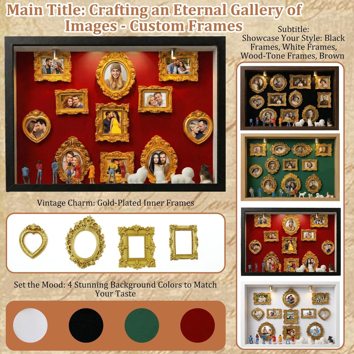 All-in-One DIY Shadow Box Kit,Mini Gold Frames with Museum of Figurines | LED-Illuminated Silhouette Box Memory Collage | Anniversary/Wedding Eco-Friendly Decor Gift (G Style)