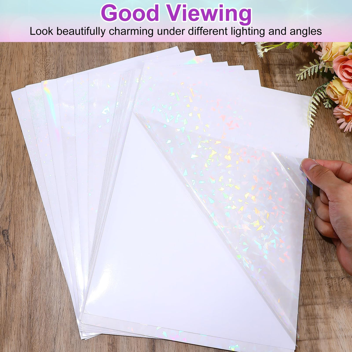 Kifmurase 100 Sheets Holographic Sticker Paper, Holographic Clear Vinyl Laminate Film, Transparent Overlay Lamination Sticker, Self-Adhesive Waterproof Rainbow Laminating Sheets with A4 Size
