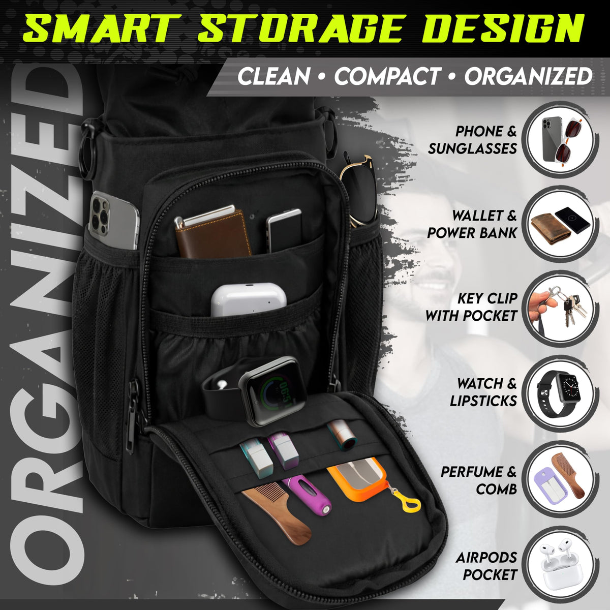 Magnetic Gym Bag & Magnetic Water Bottle Holder Set - 40oz Insulated Stainless Steel Bottle, Microfiber Towel, Cross Body Strap & Phone Holder Magnet - Gym Bag Essentials for Fitness, Work & Travel