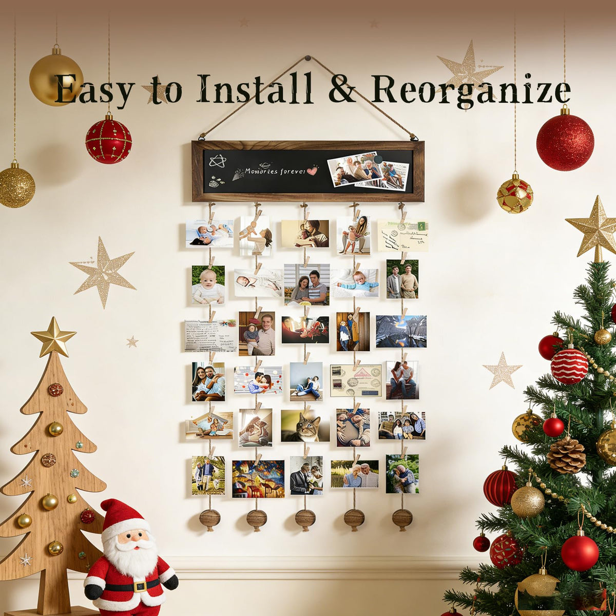 HPZIHYNAP Wooden Photo Board - Hanging Board for Pictures with Clips & Chalkboard, Wall Picture Frame Collage for Home Decor (30 Clips Included)