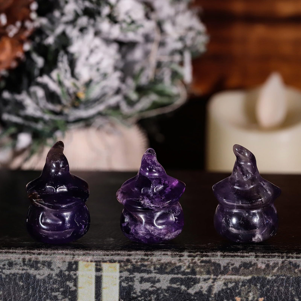 mookaitedecor Set of 2 Hand Carved Crystal Pumpkin Ghost Figurine, Mini Pocket Stone Statue Pumpkin Sculpture for Halloween Party Tabletop Decoration, Amethyst