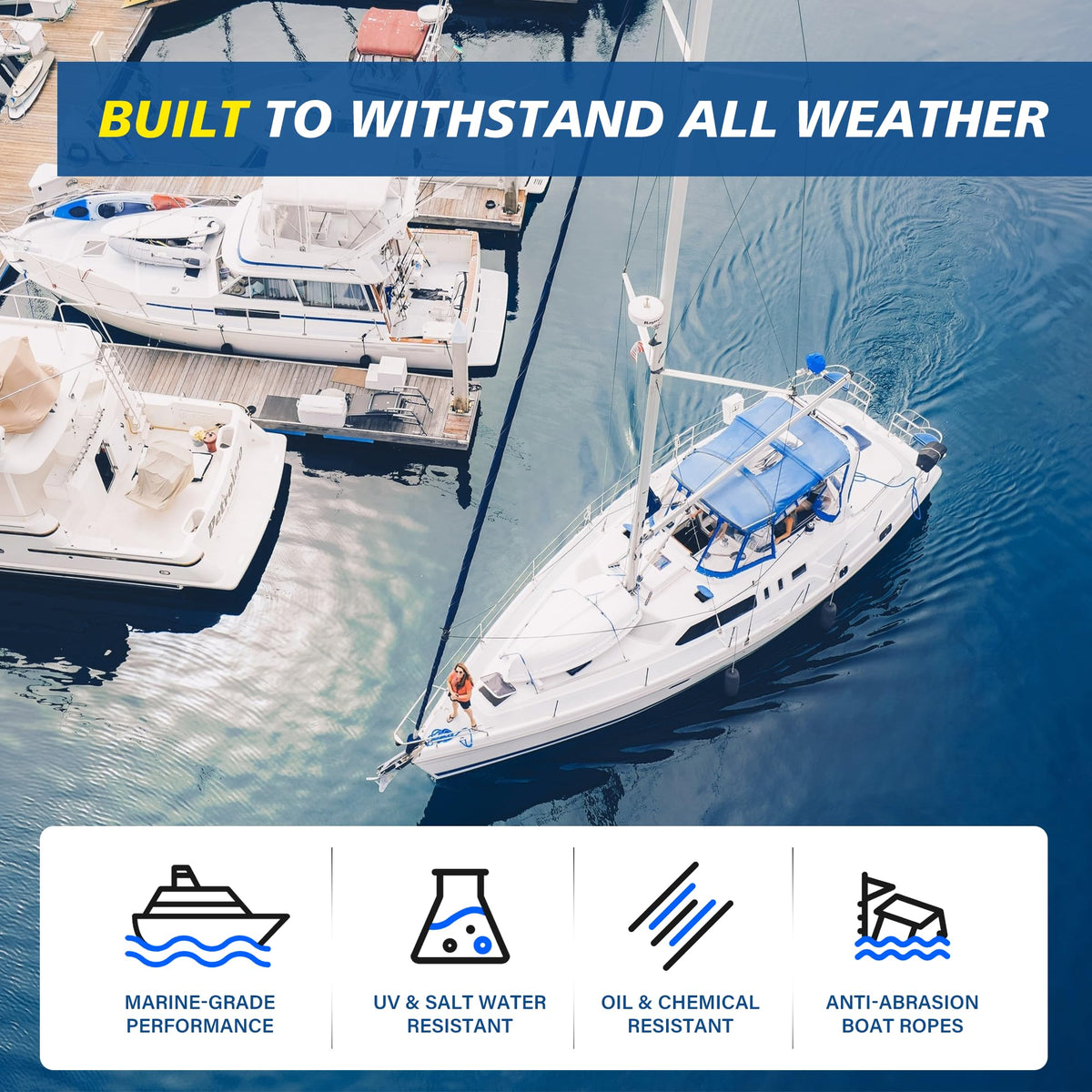 HOPESEILY 3/8 x 100FT Boat Anchor Rope, Premium Solid Braid MFP Marine Line with Stainless Steel Thimble & Shackle for Boats Jet Ski Yacht Dock, Heavy Duty (White)