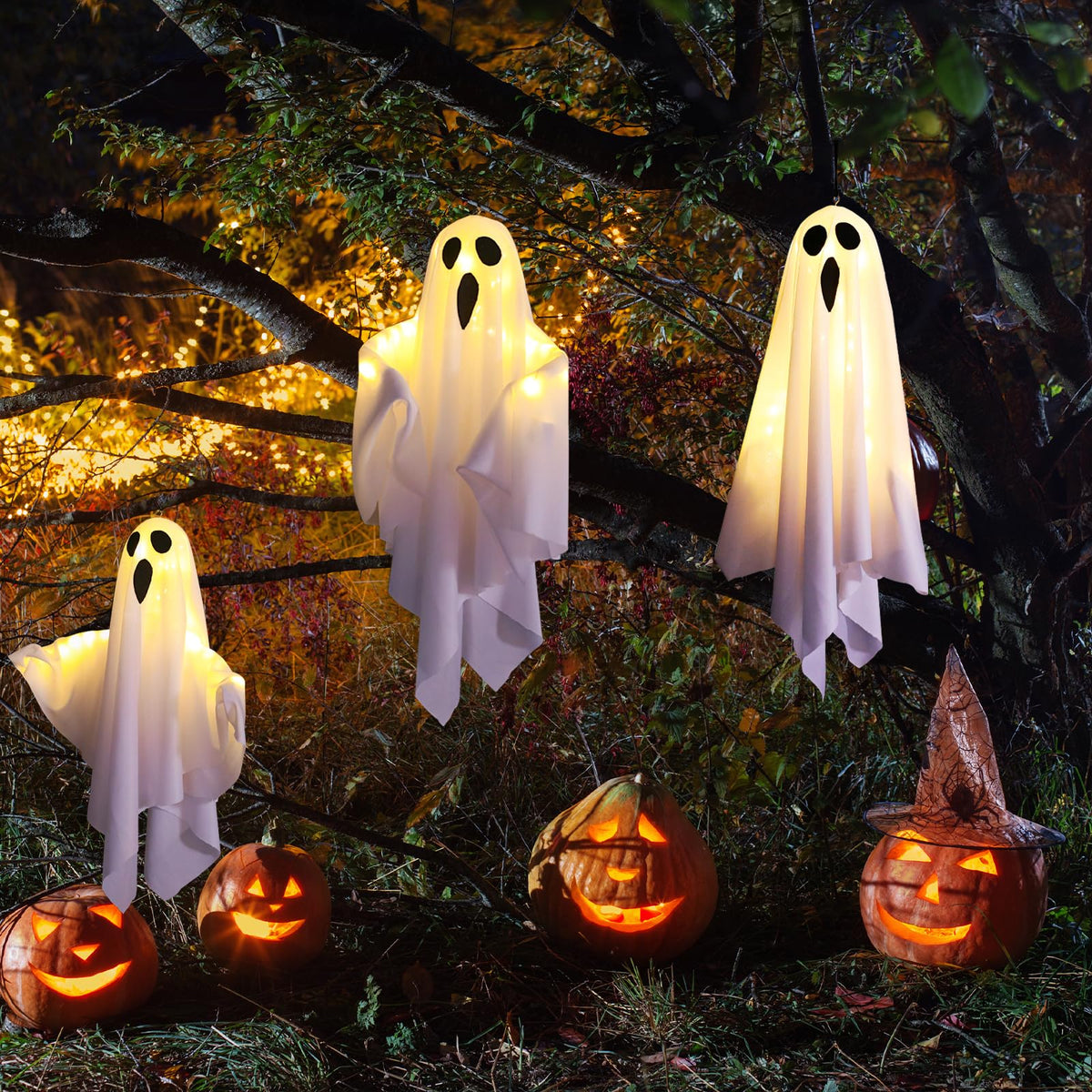 3PCS Halloween Hanging Light up Ghost with Spooky Warm White LED Light, Hanging Ghosts Light Up Kit, Ghost Halloween Decorations Outdoor for Front Yard Patio Lawn Garden Party Decor Indoor Outdoor