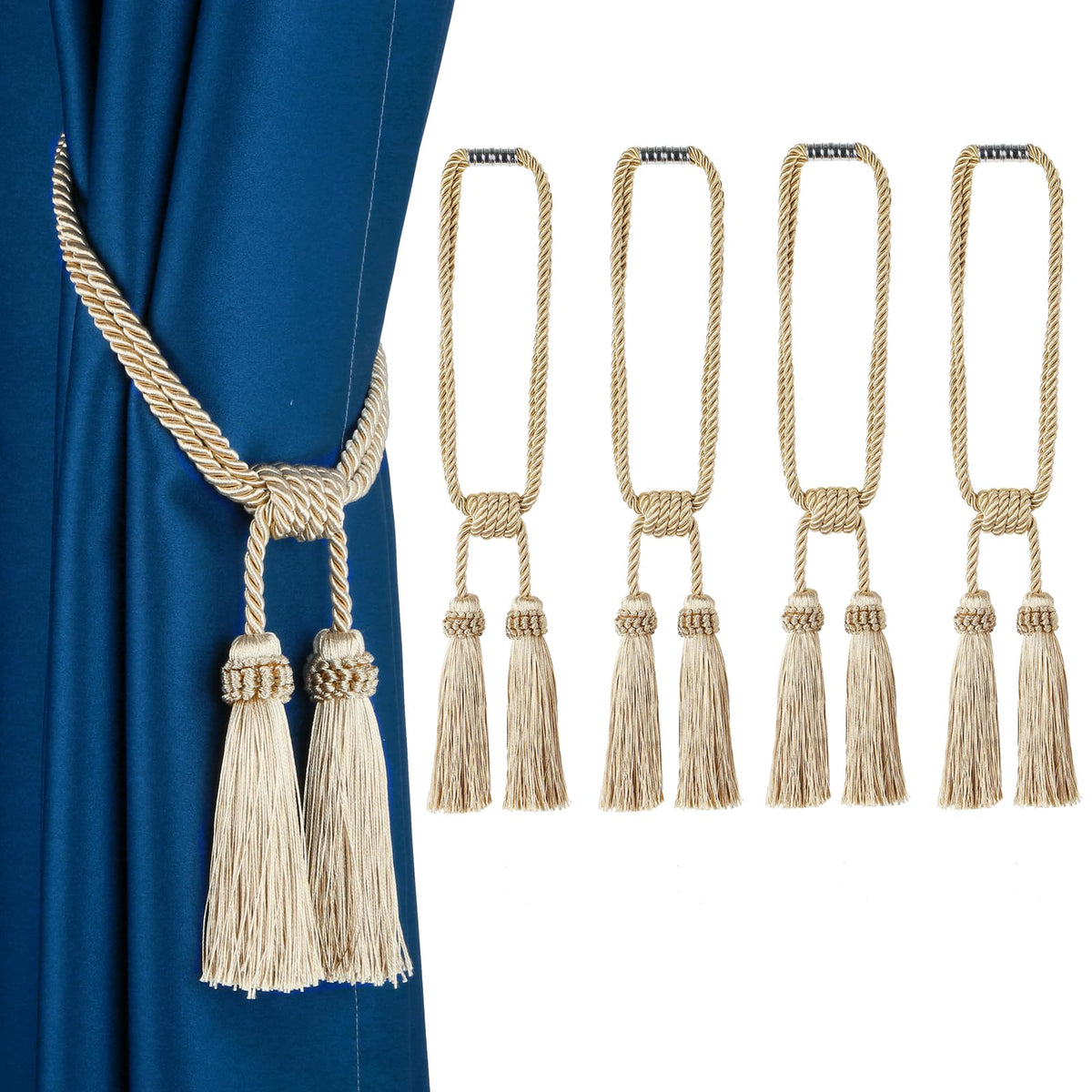 Fenghuangwu Magnetic Curtain Tiebacks 4Pack Tassel Curtain Tieback Modern Handmade Tie Backs,Decorative Tassel Holdback for Draperies,Window Decor(Beige)