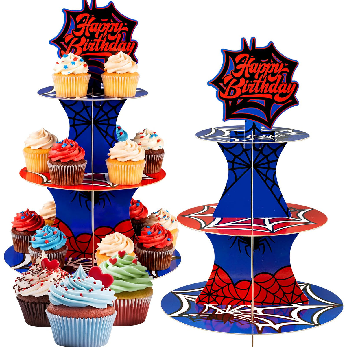 Acellegic 2 Pack Spider Cupcake Stand 3 Tier Spider Web Birthday Party Decorations Cupcake Stand Toppers Display Dessert Holder for Birthday Party Supplies