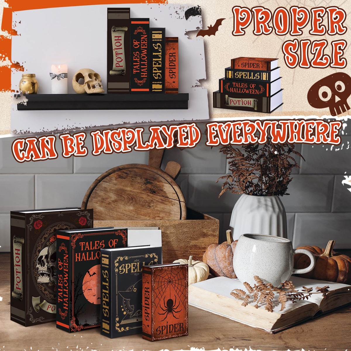 Sabary Set of 4 Decorative Books Boxes Faux Books Stacked for Coffee Tables Modern Home Bookshelves DIY Crafts Decor (Skull Style)