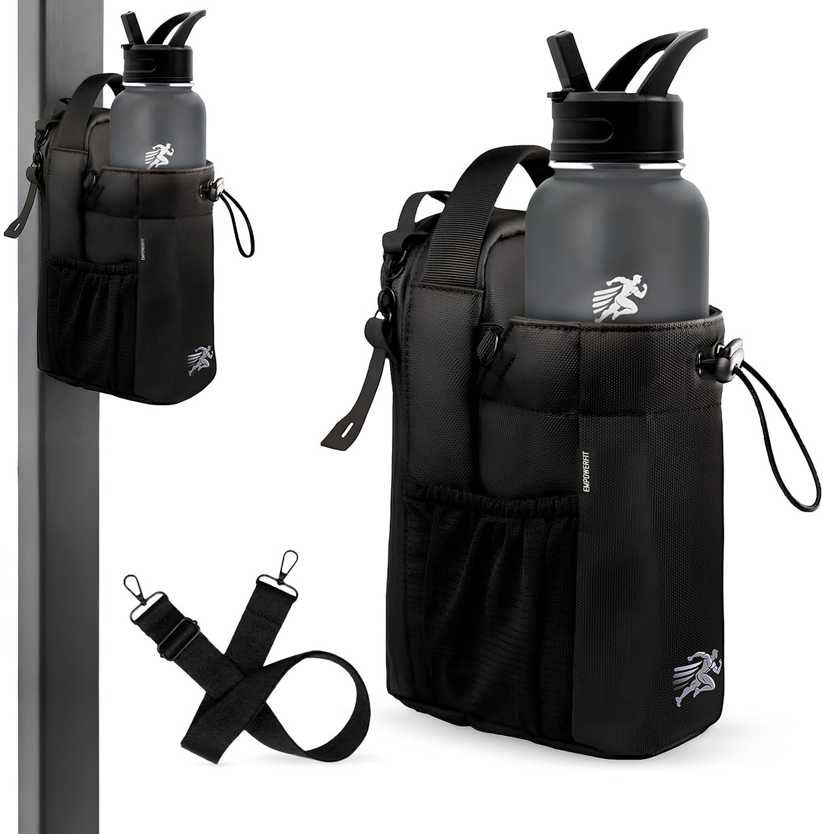 EMPOWERFIT Magnetic Gym Water Bottle Bag with 40oz Bottle – Magnetic Water Bottle Holder with Strap, Crossbody Bag, Phone Pocket, Waterproof Gym Accessories