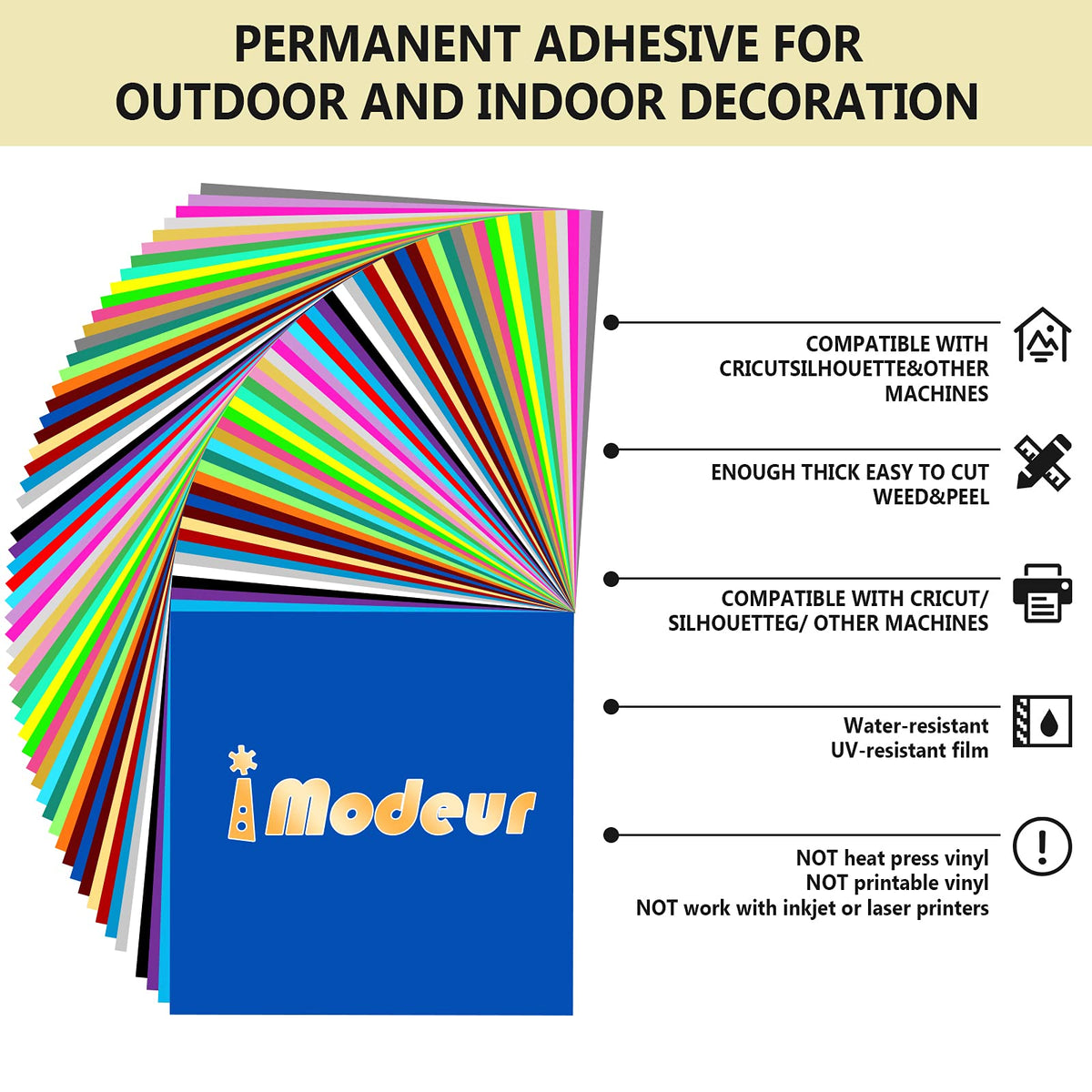 IModeur Permanent Adhesive Vinyl Bundle - 86 Pack Vinyl Sheets (12”x12”, Glossy, Matte, Metallic) for Most Cutting Machines and Party Decoration, Sticker, Craft Cutter, Car Decal