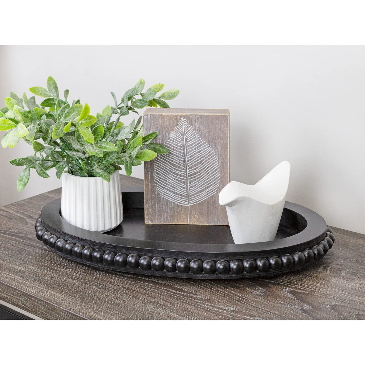 AuldHome Design Wood Beaded Tray (Black), Decorative Farmhouse Style Oval Wooden Tray