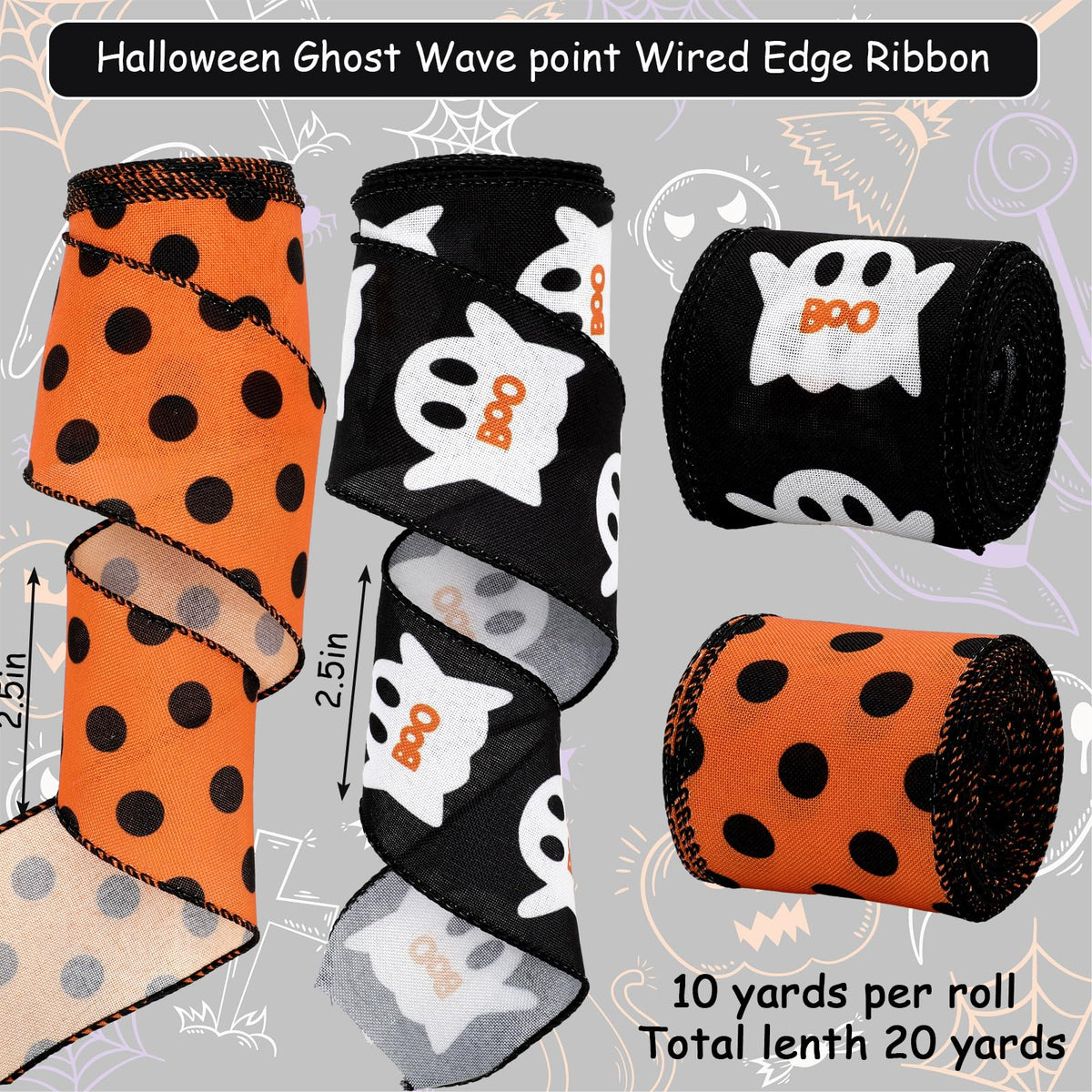 JarThenaAMCS Halloween Wired Edge Ribbon 2.5 Inch 20 Yards Orange Black Ghost Dots Ribbon Spooky Gift Wrap Ribbon for Bow Wreath Craft Party Decor, 2 Roll