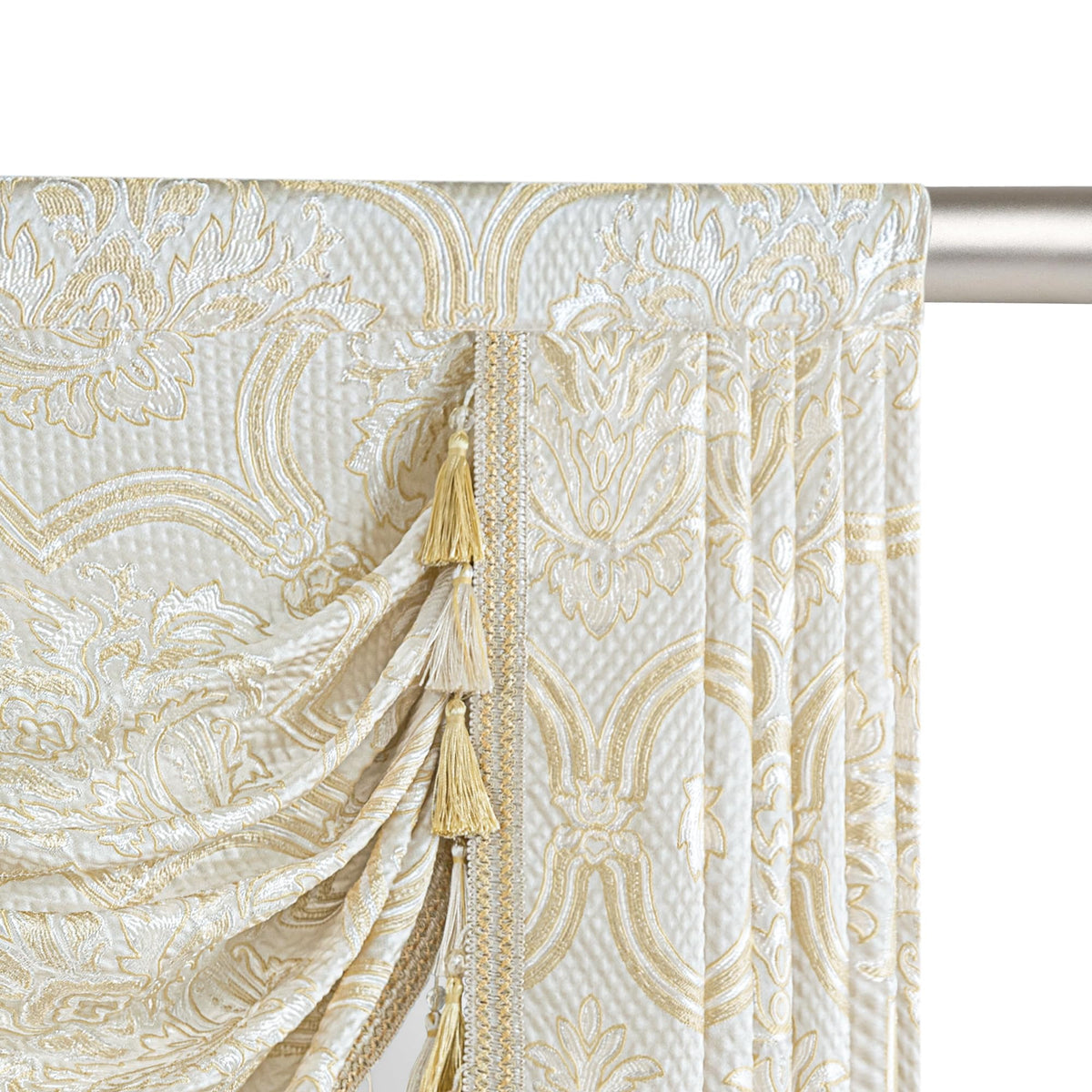Loom and Mill European Elegant Waterfall Valance for Living Room, Luxury Jacquard Frame Swag Valances with Tassels, Beige Gold Floral Swag Curtains for Bedroom Window Holiday Decor(W59 Inch,1 Panel)