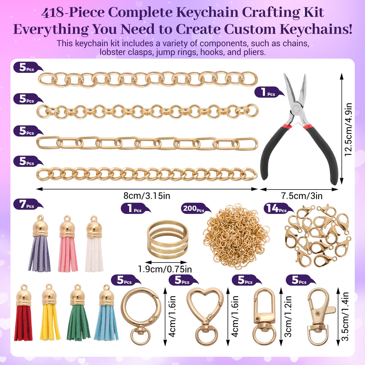 Koruhi 418pcs Charms Lip Gloss Keychain Making Kit,Cute Gold DIY Keychain Supplies Including Organizer Box,Pliers, Tassels, Enamel Letter Charms,Complete Key Chain Kits for DIY Craft Gifts(418, Gold)