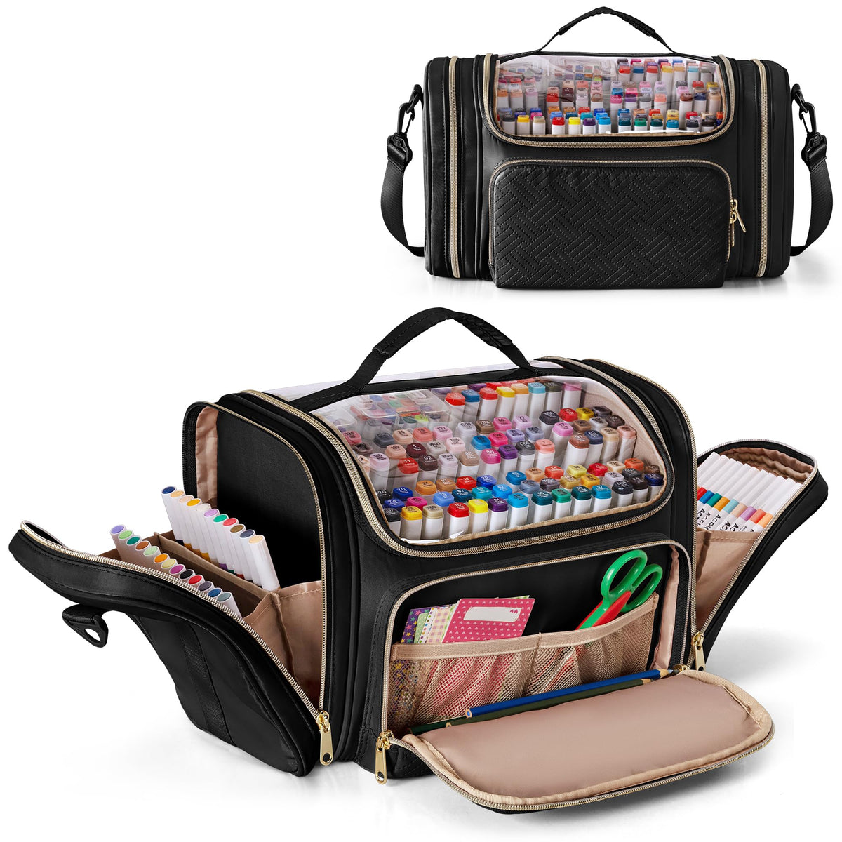 Rexmica Marker Organizer Case Bag for 180-300 Markers, Large Marker Storage Bag with Detachable Divider for Adults, Marker Travel Holder Case Bag for Various Markers or Other Art Craft Supply, Black