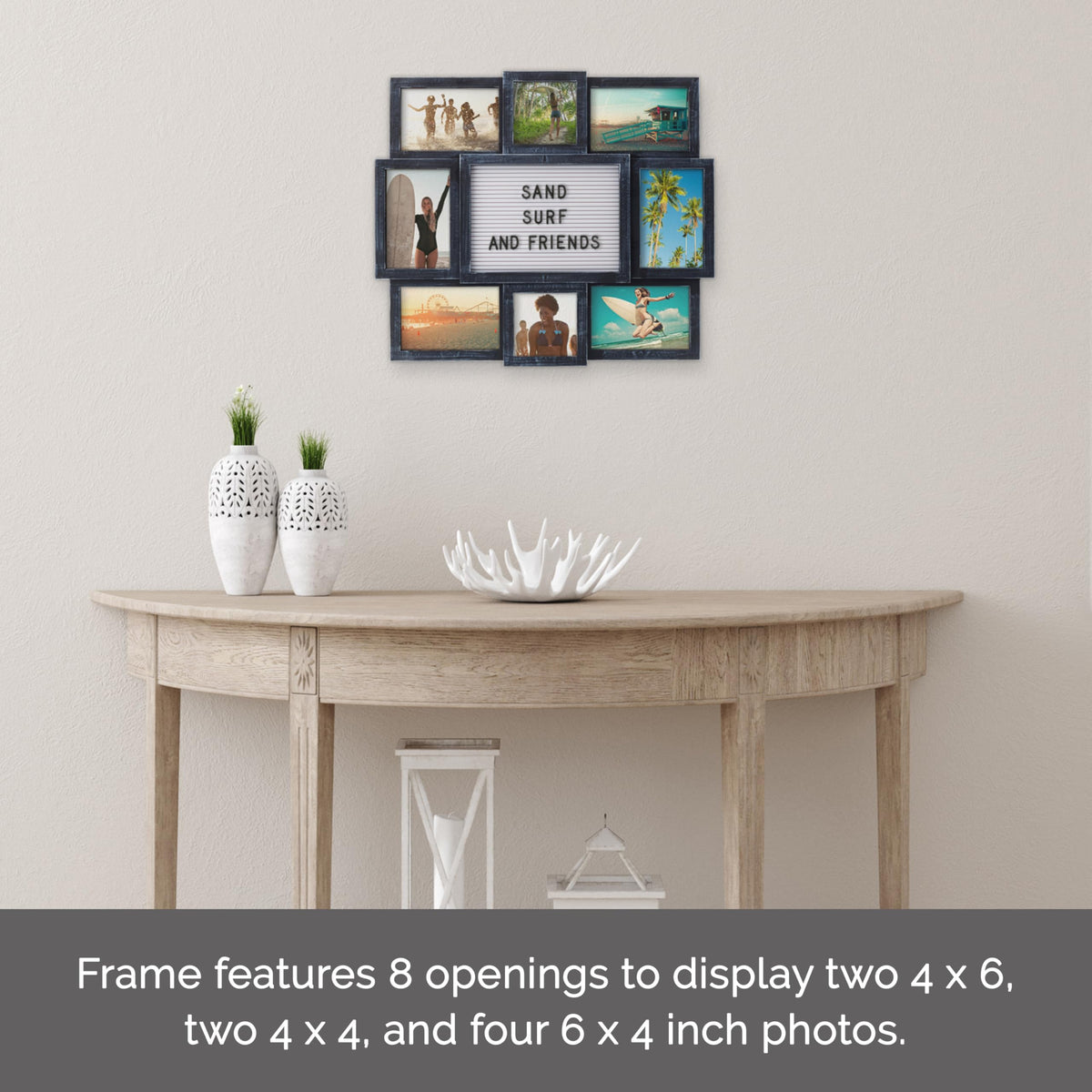 MELANNCO Collage Picture Frame with Letter Board, 8 Opening Photo Display for 4x6 and 4x4 Photos, 19 x 17 Inch Wall Decor with 144 Changeable Letters, Numbers and Symbols, Distressed Black