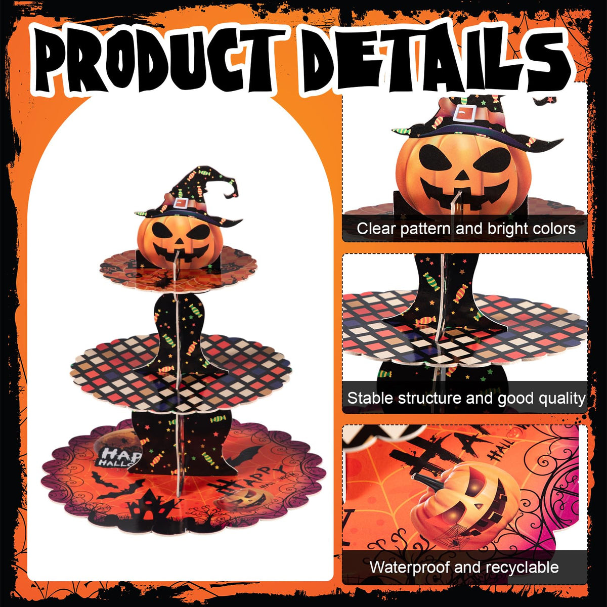 LemonRoad 3-Tier Halloween Cupcake Stand Pumpkin Stack Dessert Display Holder with 12 Haunted House Cup Cake Wrappers 12 Cake Toppers for Halloween Treat Birthday Table Decorations
