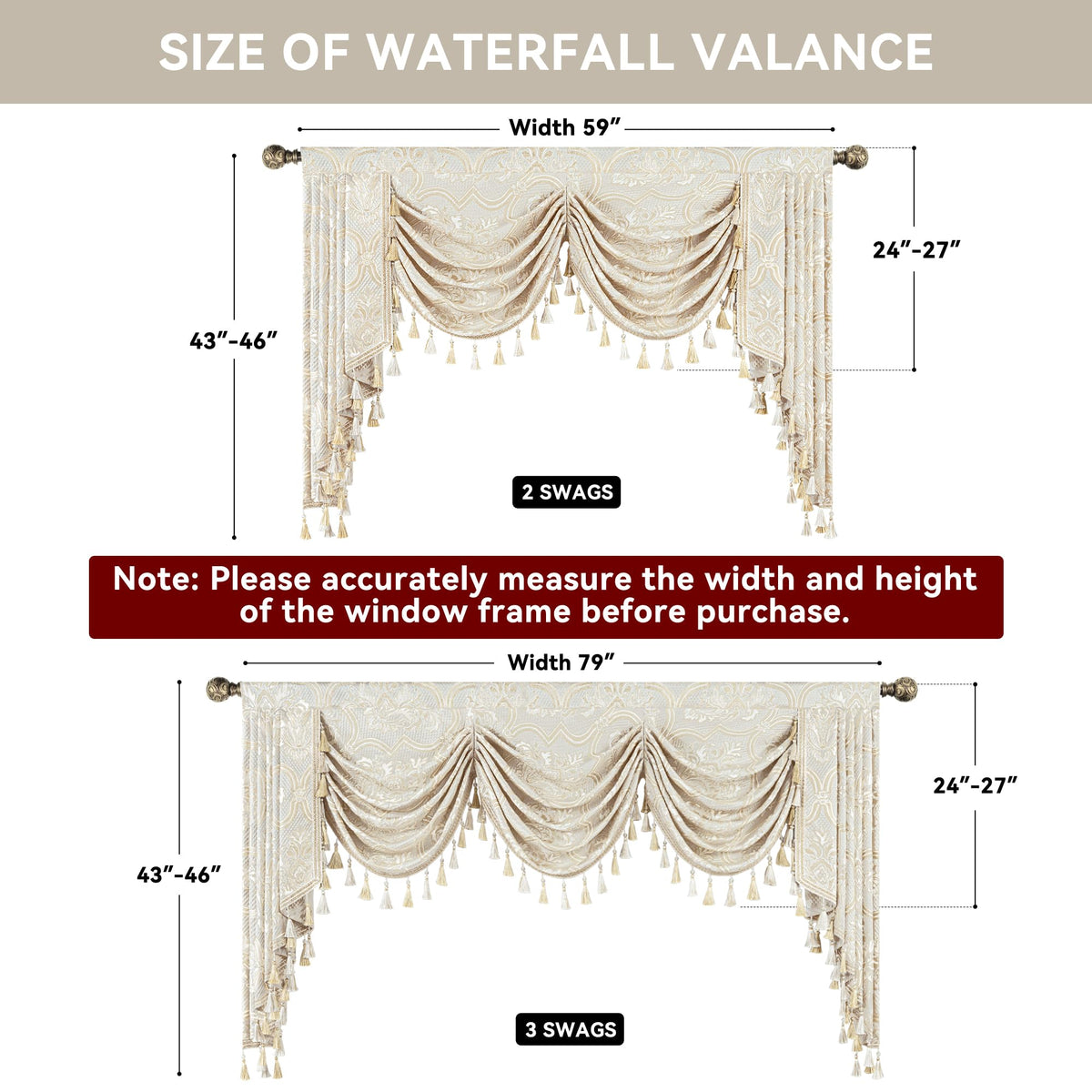 Loom and Mill European Elegant Waterfall Valance for Living Room, Luxury Jacquard Frame Swag Valances with Tassels, Beige Gold Floral Swag Curtains for Bedroom Window Holiday Decor(W59 Inch,1 Panel)