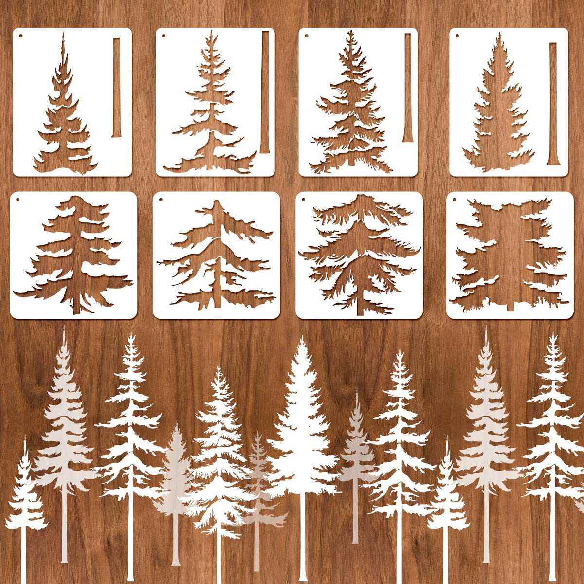 EVERJOYCRAFT 8pcs Large Pine Tree Stencils 4 Styles Reusable Tree Wall Stencils 32.5'' - 34'' Tall Forest Mural Drawing Templates for Wall DIY Art Crafts Painting Garden Wood Fence Tile