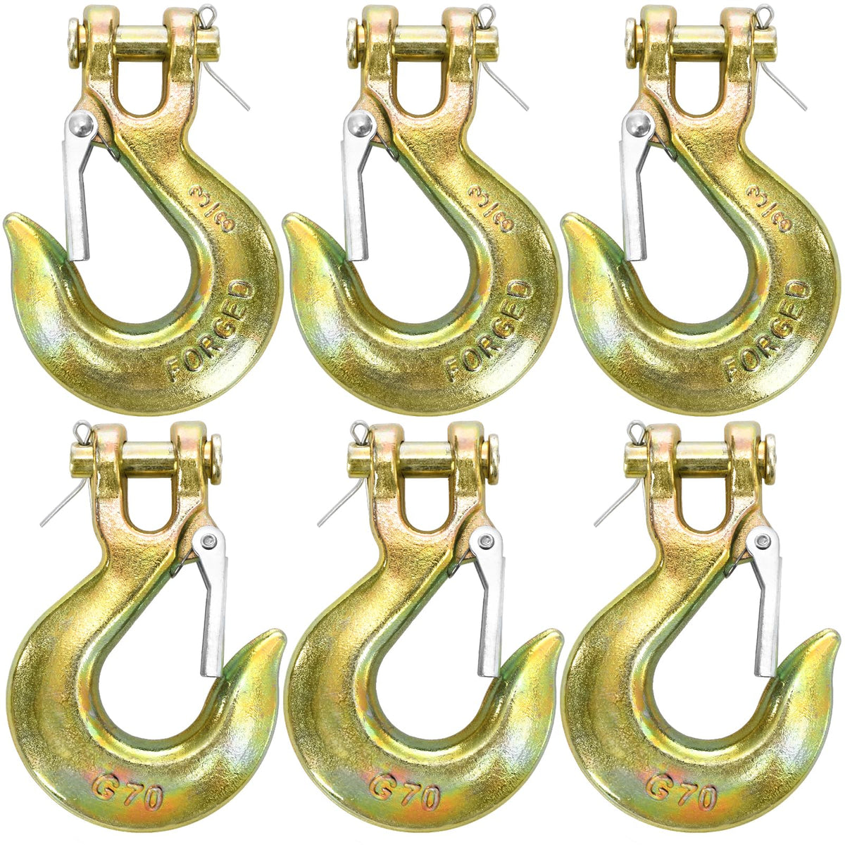 Lawei 6 Pack 3/8 Inch Clevis Slip Hook with Safety Latch, G70 Forged Steel Chain Hooks, Heavy Duty Solid Tow Hook for Truck Trailer Winch Transport, 18,000lbs Capacity, Yellow Zinc Coated Hooks