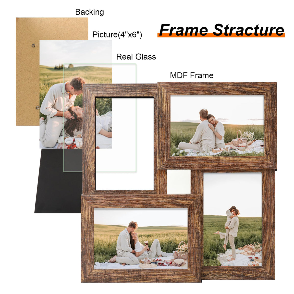 YESKAY 4x6 Collage Picture Frames, Multi Family Photo Frame with Real Glass, Displays Four 4x6 Photo, Wall Decor Wall Hanging or Tabletop, Rustic Brown