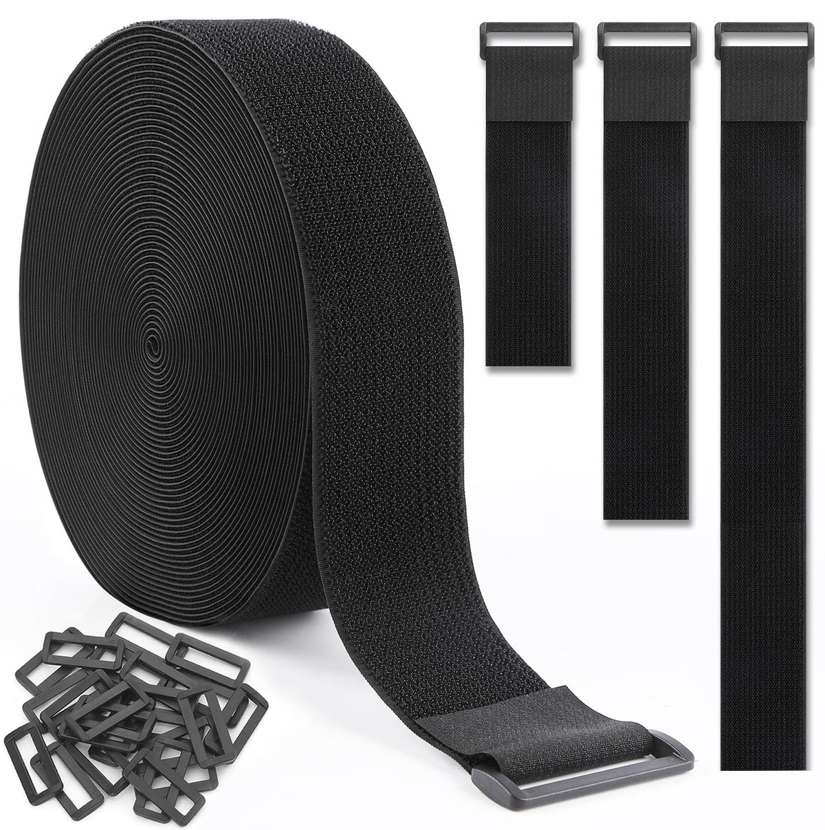 GDSZ LAERSI 1.5In x 20Ft Cinch Straps Nylon Heavy Duty with 25 Buckles, Cut to Length, Black Hook and Loop Straps, Reusable Long Cable Ties for Storage and Cord Organizer