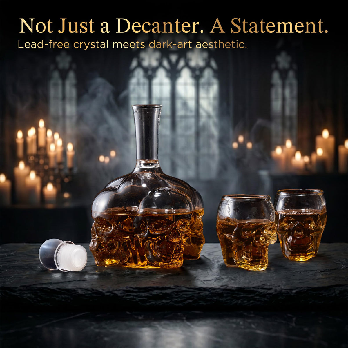 Gothic Skull Whiskey Decanter Set - 34 oz Spooky Skeleton Glass Decanter with 2 Rocks Glasses - Dark Academia Home Bar Decor & Man Cave - Cool Halloween Gifts for Men & Whisky Lovers