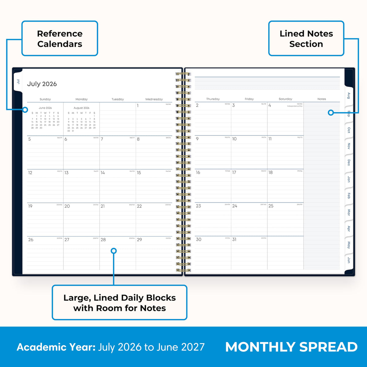 Blue Sky 2026-2027 Weekly and Monthly Academic Year Teacher Lesson Planner Calendar, July 2026 - June 2027, 8.5" x 11", Flexible Cover, Wirebound, Laminated Tabs, Storage Pocket, Solid Navy