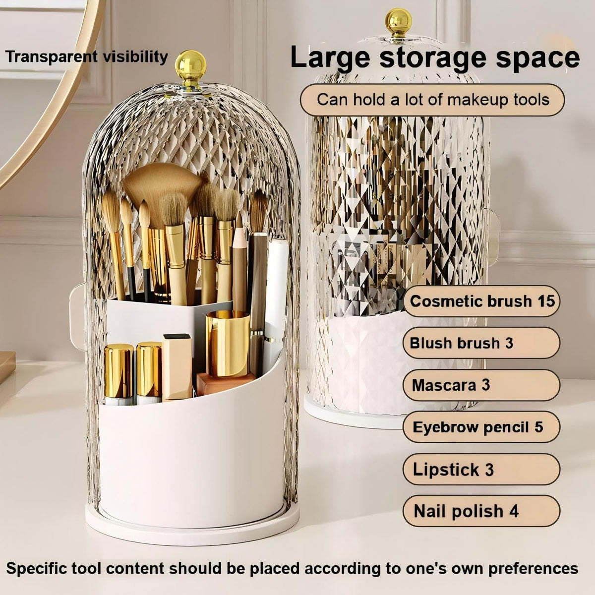 RONGZHIERK Makeup Brush Holder with Lid,Makeup Brush Storage Box with Diamond Pattern,360 Rotating Waterproof and Dustproof Beauty Brushes Storage for Vanity Bathroom,White