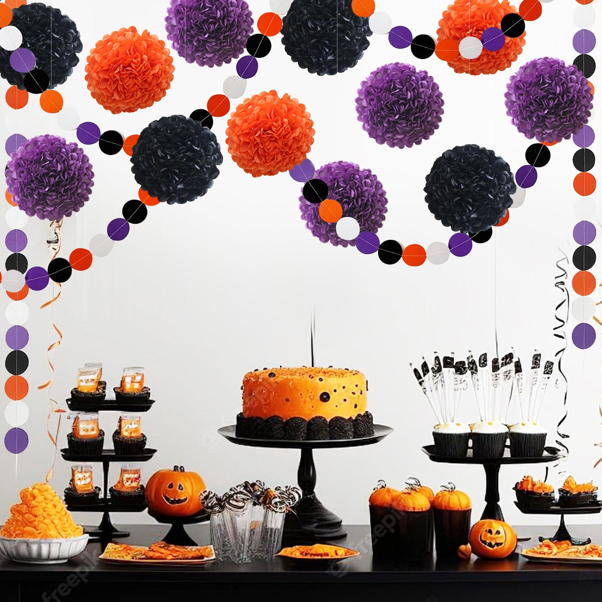 Halloween Decorations Party Black Purple Orange Tissue Paper Pom Poms Polka Dot Garlands for Halloween Baby Shower Classroom 18 pcs