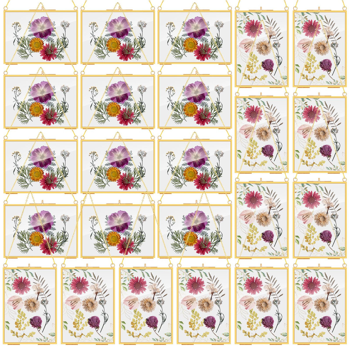 Barydat 12 Pack Pressed Flowers Glass Frames, 5 x 7 Inch Brass Hanging Floating Frame with Chain, Double Glass Photo Display for Dried Flowers, Plant Specimen, Artwork Display (Gold)