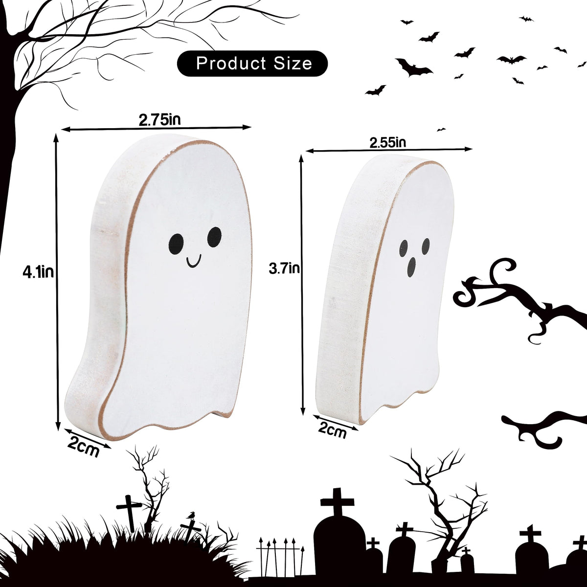 2 Pieces Halloween Decorations Wood Halloween Ghost Sign - Halloween Tiered Tray Decor, Distressed Wood Standing Ghost Sign for Halloween Party, Halloween Table Decor