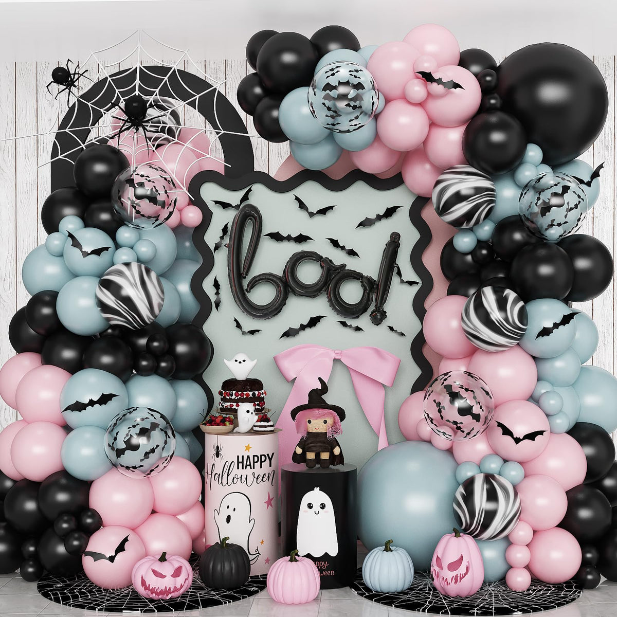 Froova Halloween Balloons Arch Dusty Pink Blue Balloon Garland Kit Boo Foil Balloons with 3D Bat Stickers for Boy or Girl Gender Reveal Night Pink Ghost Spooky One Baby Shower Birthday Party Decor