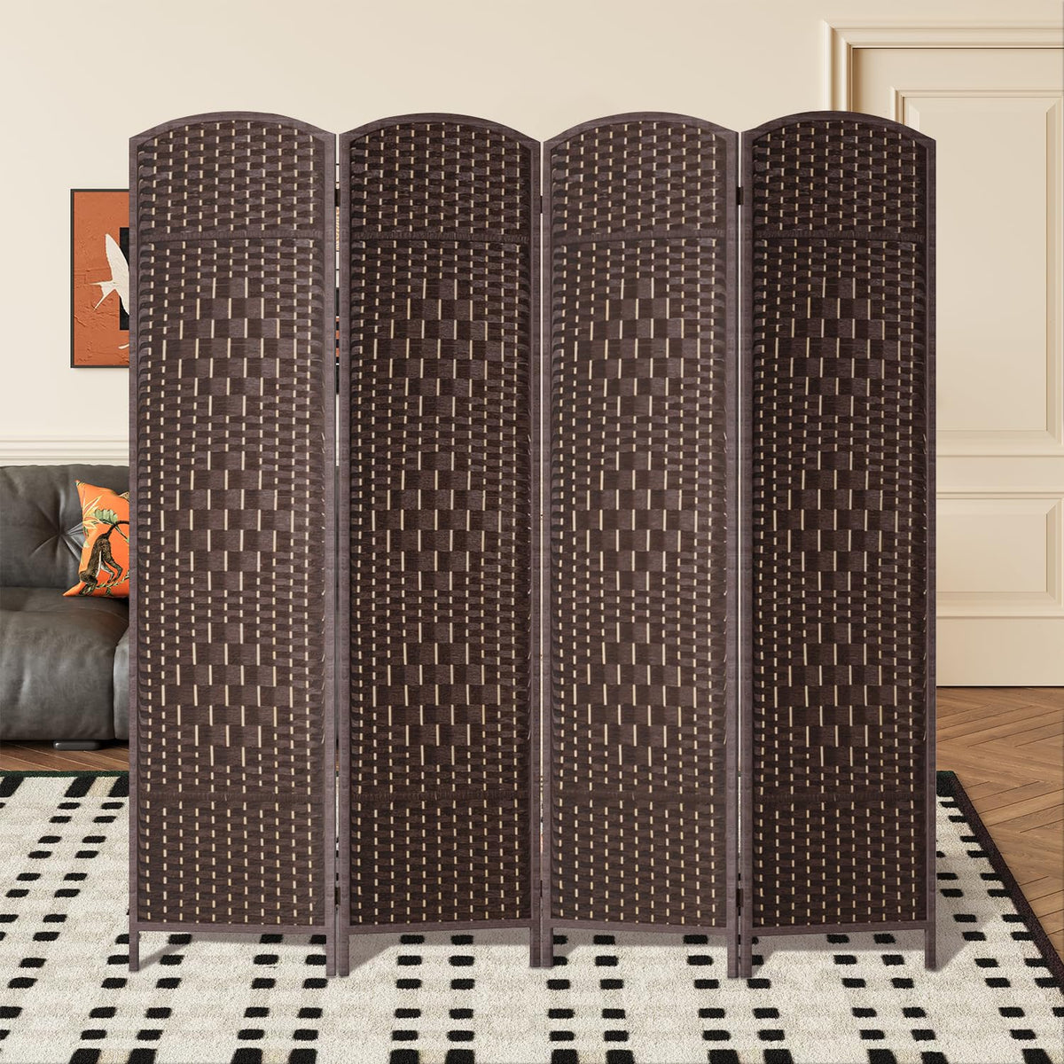 FDW Room Divider Folding Privacy Divider 6 Ft Indoor Wall Divider Portable Partition Wood Screen, Brown (4 Panel)
