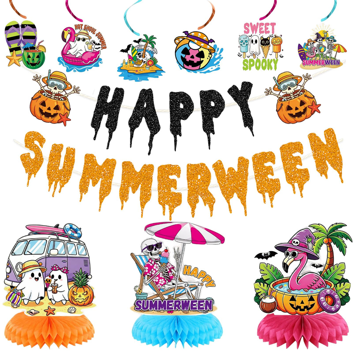 10PCS Happy Summerween Party Decorations Kit, Glitter Summer Halloween Banner Hanging Swirls and Honeycomb Centerpieces Table Decor for Summerween Pool Beach Party Supplies